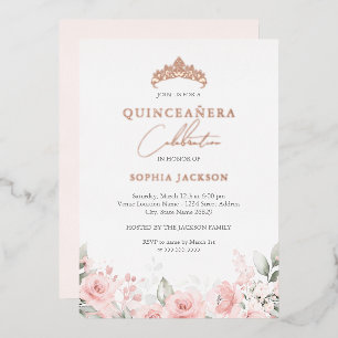 Roze Goud Roze Waterverf Bloem Quinceanera Folie Uitnodiging