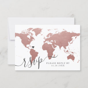 Roze Goud Roze Wereldkaart Reis Thema RSVP Kaartje
