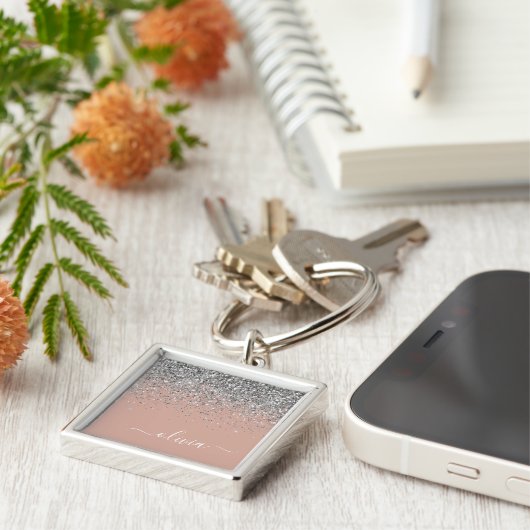 Roze Goud Roze Zilver Glitter Monogram Jongensacht Sleutelhanger (Zijkant)