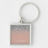 Roze Goud Roze Zilver Glitter Monogram Jongensacht Sleutelhanger (Voorkant)