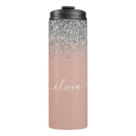 Roze Goud Roze Zilver Glitter Monogram Jongensacht Thermosbeker (Voorkant)