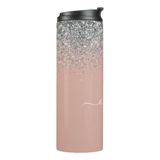 Roze Goud Roze Zilver Glitter Monogram Jongensacht Thermosbeker (Gedraaid links)