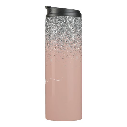 Roze Goud Roze Zilver Glitter Monogram Jongensacht Thermosbeker (Geroteerd rechts)