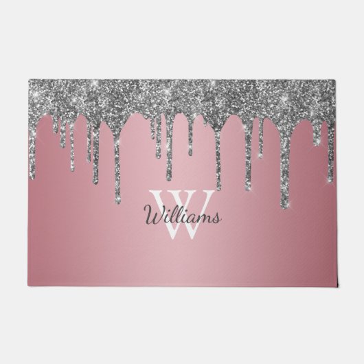 Roze Goud Roze Zilveren Glitter Druppels Monogram  Deurmat (Voorkant)