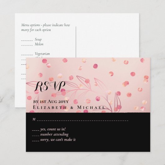 Roze Goud Roze Zwart Glitter Folie Uiterlijk HUWEL Briefkaart (Voorkant / Achterkant)