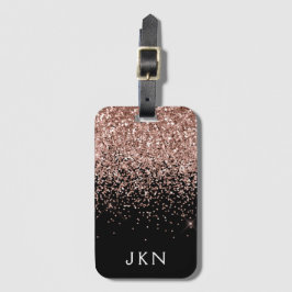 Roze Goud Roze Zwart Glitter Monogram Bagagelabel