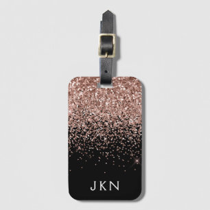 Roze Goud Roze Zwart Glitter Monogram Bagagelabel