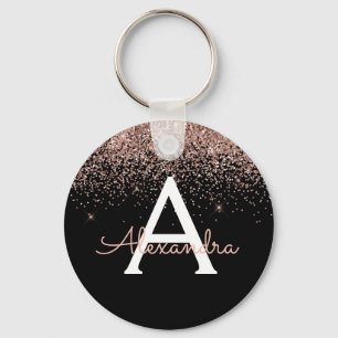 Roze Goud Roze Zwart Glitter Monogram Sleutelhanger