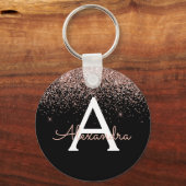 Roze Goud Roze Zwart Glitter Monogram Sleutelhanger (Voorkant)