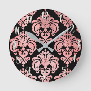 Roze Goud Roze & Zwarte Damast Modern Persoonlijk Ronde Klok
