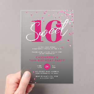 Roze Goud Roze & Zwarte Sweet 16 Verjaardag Acryl Uitnodigingen