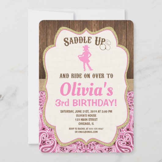 Roze Goud Rustiek Cowgirl Verjaardag Uitnodigingen (Voorkant)