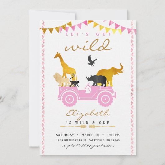 Roze Goud Safari Verjaardagsuitnodiging Kaart (Voorkant)