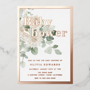 Roze Goud Salie Groen Witte Bloemige Baby Shower Folie Uitnodiging