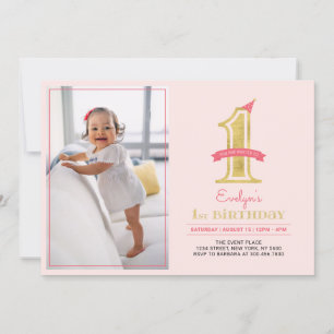 Roze & Goud Schattig Modern Meisje 1e Verjaardag Kaart