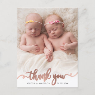Roze Goud Schrift Meisje Tweeling Baby Foto Bedank Briefkaart