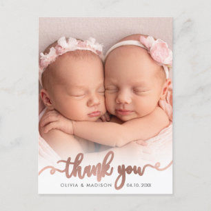 Roze Goud Schrift Meisje Tweeling Baby Foto Bedank Briefkaart