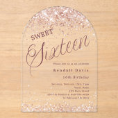 Roze goud script moderne Sweet 16 heldere boog Acryl Uitnodigingen (Voorkant)