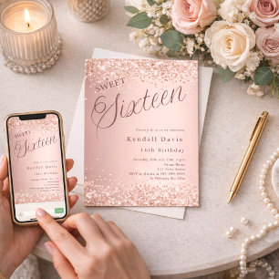 Roze goud script moderne Sweet 16 Kaart