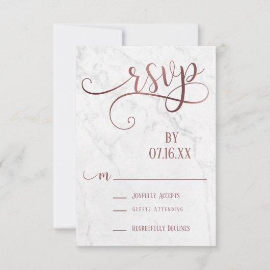 Roze Goud Script Typografie & Marmer RSVP Kaartje (Voorkant)