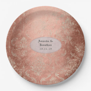 Roze Goud Shabby-Chic Damast Bruiloft Papieren Bordje