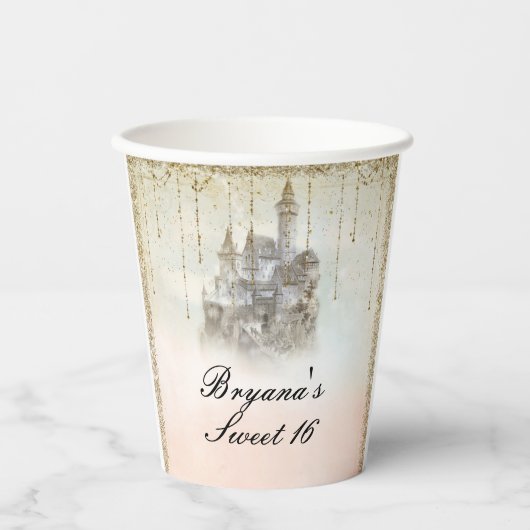 Roze Goud Sprookje Prinses Kasteel Verjaardag Papieren Bekers (Voorkant)
