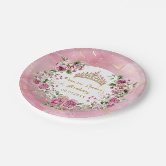Roze Goud Sprookjesprinses Kroon Verjaardagsfeest Papieren Bordje (Gekanteld)