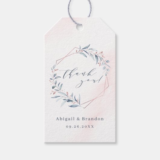 Roze Goud Stof Blauw Groene Geometrische Dank Je Cadeaulabel (Voorkant)