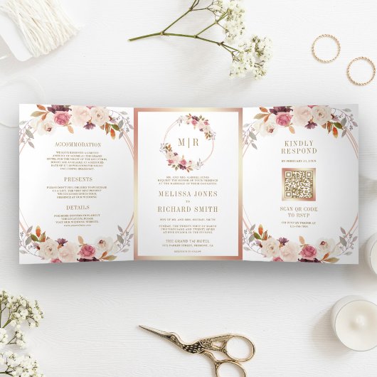 Roze Goud Stof Roze Bloemencode met QR Code Trouwe Drieluik Uitnodiging