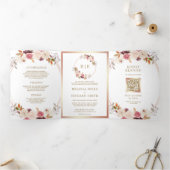 Roze Goud Stof Roze Bloemencode met QR Code Trouwe Drieluik Uitnodiging (Binnen)