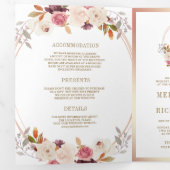 Roze Goud Stof Roze Bloemencode met QR Code Trouwe Drieluik Uitnodiging (Binnenzijde eerst)