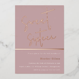 Roze Goud Stofachtig Mauve Roze Moderne Sweet 16 Folie Uitnodiging