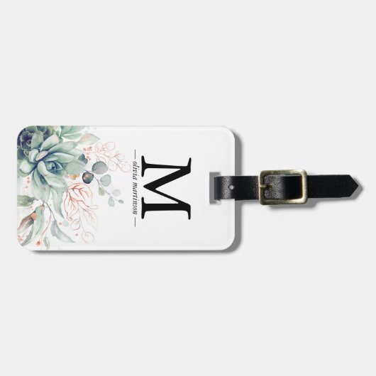 Roze Goud Succulenten Groene Monogram Bagagelabel (Voorkant horizontaal)
