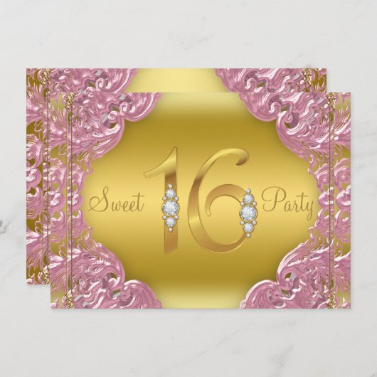 Roze Goud Sweet 16 Party Kaart (Voorkant / Achterkant)