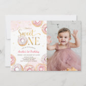 Roze Goud Sweet One Donuts 1e Verjaardag Foto Kaart (Voorkant)