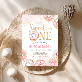 Roze Goud Sweet One Donuts 1e verjaardag Uitnodigi Kaart