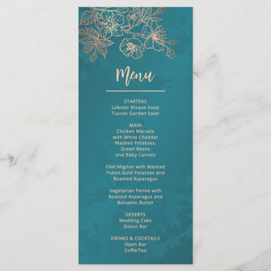 Roze Goud Teal Bloem Lijn Kunst Bruiloft Menu (Voorkant)