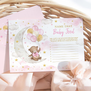 Roze Goud Teddy Bear Moon Naam Baby Food Game Kaar Bedankkaart