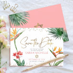 Roze Goud Tropische Bat Mitzvah Bloemige Palm Mode Save The Date<br><div class="desc">Zorg ervoor dat al je vrienden en familieleden de mijlpaal Bat Mitzvah van je dochter kunnen vieren! Stuur deze chic, gepersonaliseerde "Save the Date"-aankondigingskaart. Stunning, kleurrijke, tropische waterverf vogels van paradijs bloemen, nep gouden handgeschreven schrift, Davidster en glinsterende stippen, samen met roze roze en grijze moderne schreefloos lettertype, liggen over...</div>