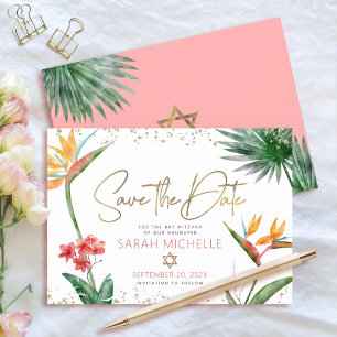 Roze Goud Tropische Bat Mitzvah Bloemige Palm Mode Save The Date