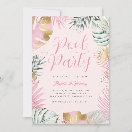 Roze & Goud Tropische bladeren Verjaardag Pool Par Kaart (Voorkant)
