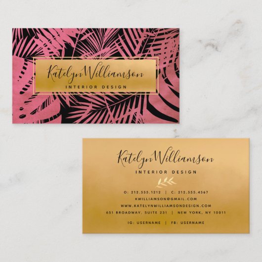 Roze goud tropische palm elegante script typografi visitekaartje (Voorkant / Achterkant)