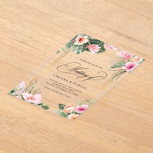 Roze Goud Tropische Strand Bestemming Huwelijk Acryl Uitnodigingen (Laagn)