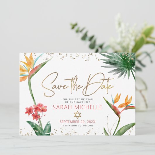 Roze Goud Tropische Vleermuis Mitswa Bloemenpalm M Save The Date (Staand voorkant)