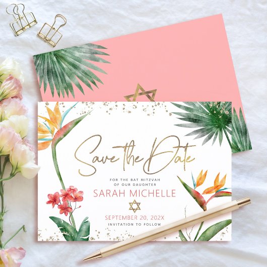 Roze Goud Tropische Vleermuis Mitswa Bloemenpalm M Save The Date