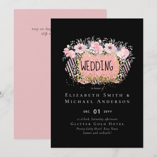 Roze goud TROUWEN Meisjesachtig Roze Bloemen Glitt (Voorkant / Achterkant)