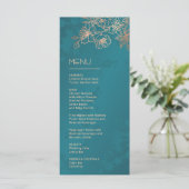 Roze Goud Turquoise Bloem Lijn Kunst Bruiloft Menu (Staand voorkant)