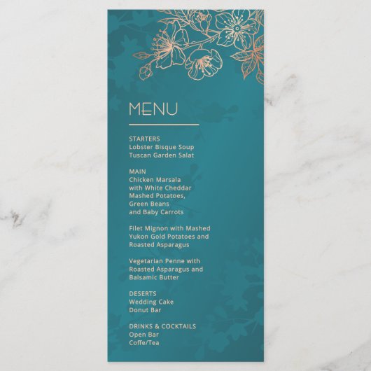 Roze Goud Turquoise Bloem Lijn Kunst Bruiloft Menu (Voorkant)