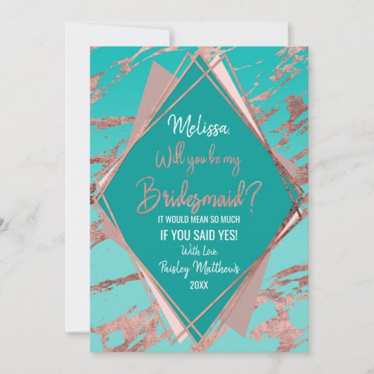 Roze Goud Turquoise Groen Marmer Diamant Bruidsmei Kaart (Voorkant)