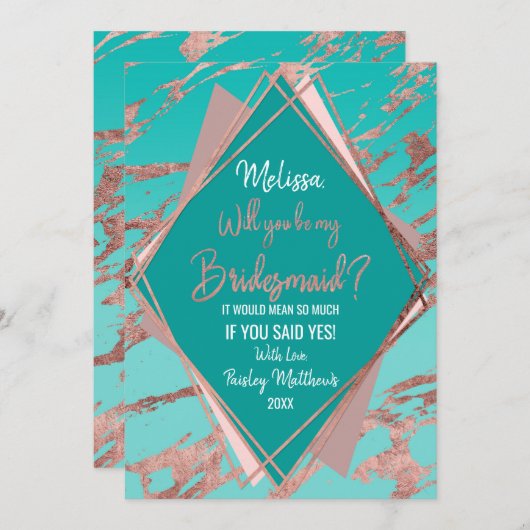 Roze Goud Turquoise Groen Marmer Diamant Bruidsmei Kaart (Voorkant / Achterkant)